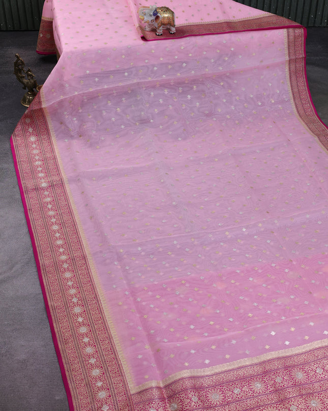 Light Pink - Pink Banarasi Ektara Kora Silk Saree