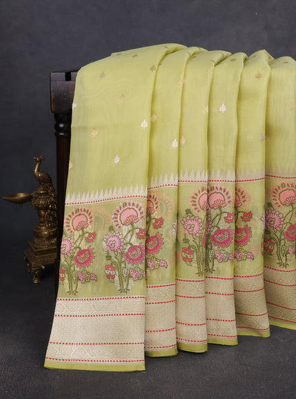 Lime Green Banarasi Kora Silk Saree