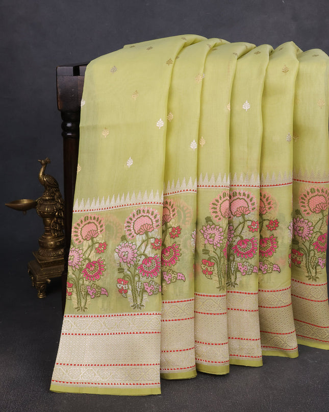 Lime Green Banarasi Kora Silk Saree