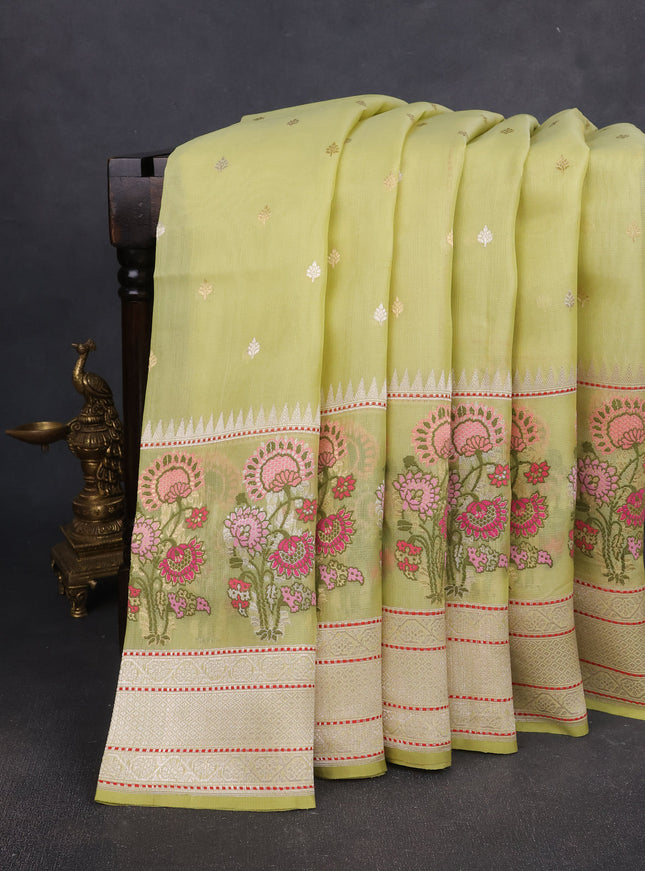 Lime Green Banarasi Kora Silk Saree