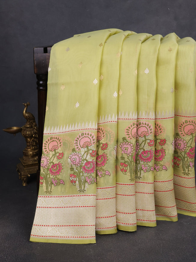 Lime Green Banarasi Kora Silk Saree