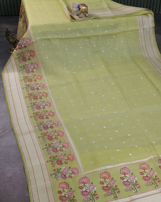 Lime Green Banarasi Kora Silk Saree