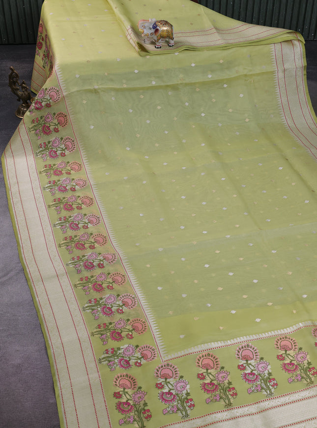 Lime Green Banarasi Kora Silk Saree