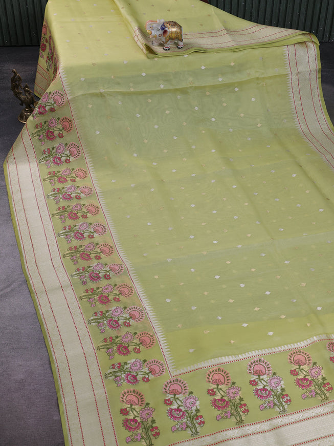 Lime Green Banarasi Kora Silk Saree