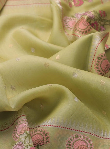 Lime Green Banarasi Kora Silk Saree