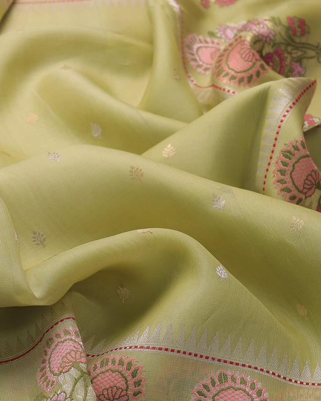 Lime Green Banarasi Kora Silk Saree