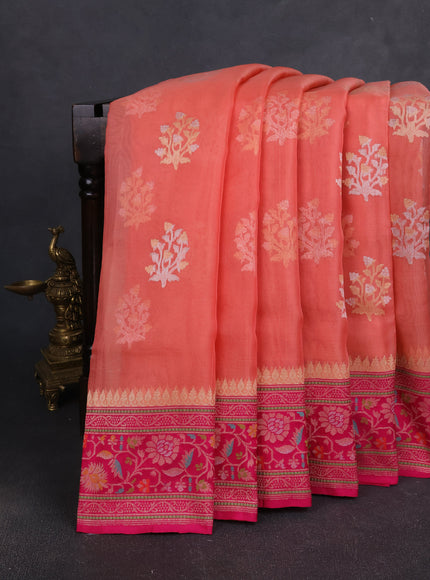 Peach Orange - Pink Banarasi Kora Silk Saree