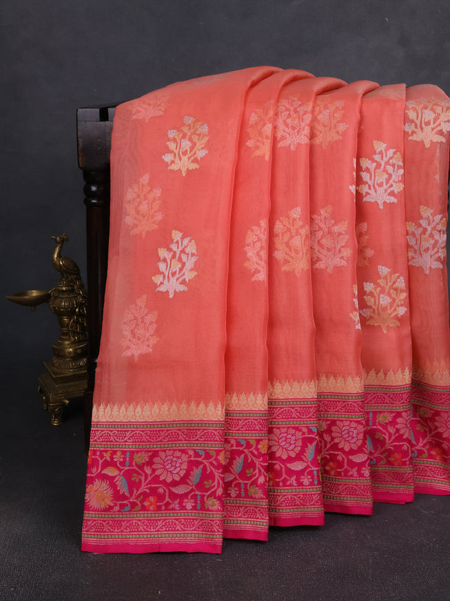 Peach Orange - Pink Banarasi Kora Silk Saree