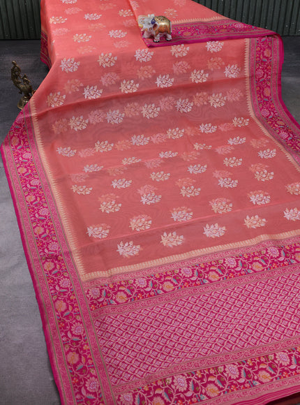 Peach Orange - Pink Banarasi Kora Silk Saree