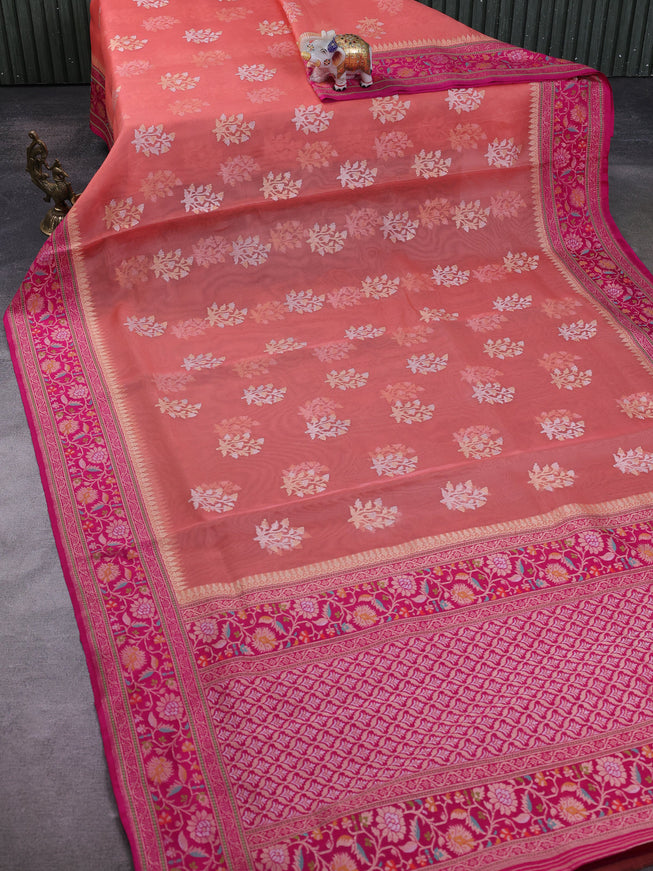 Peach Orange - Pink Banarasi Kora Silk Saree