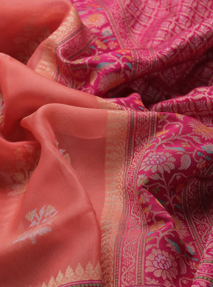 Peach Orange - Pink Banarasi Kora Silk Saree