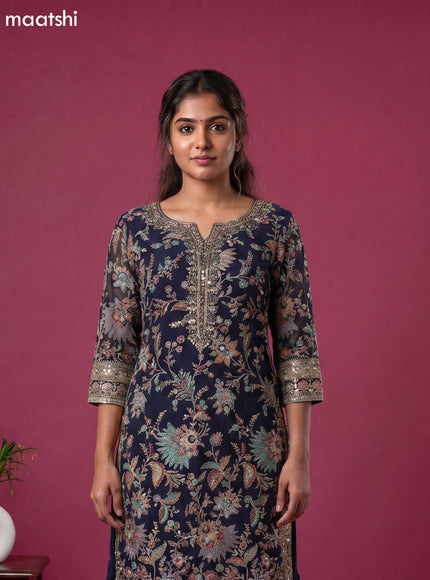 Blue Embroidery Work Straight Suit