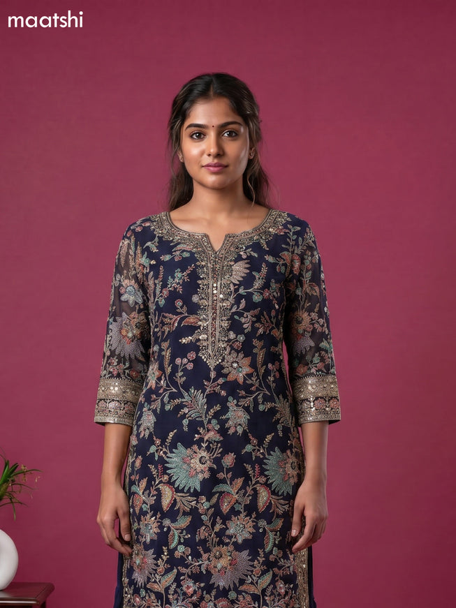 Blue Embroidery Work Straight Suit