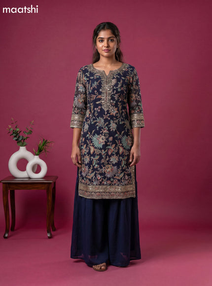 Blue Embroidery Work Straight Suit