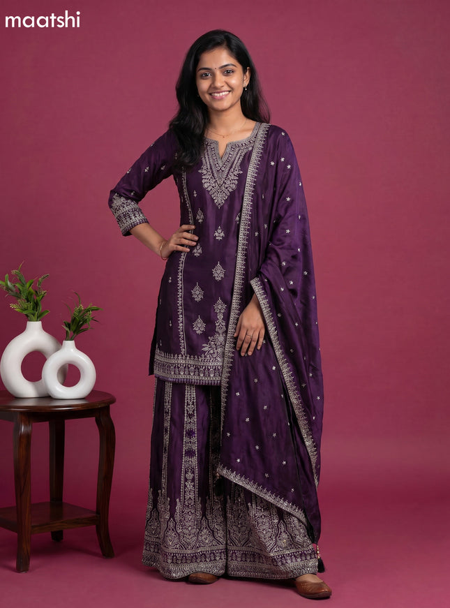 Purple Embroidery Work Party Wear Straight Suit