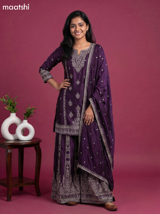 Purple Embroidery Work Party Wear Straight Suit