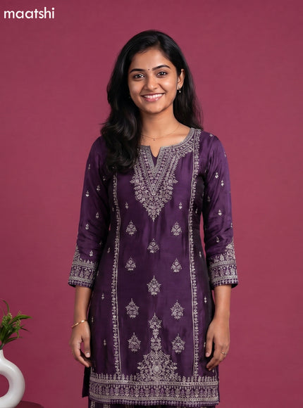 Purple Embroidery Work Party Wear Straight Suit