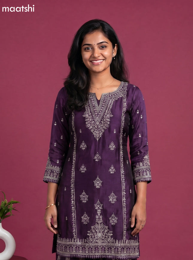 Purple Embroidery Work Party Wear Straight Suit