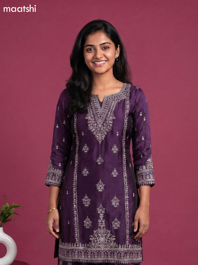 Purple Embroidery Work Party Wear Straight Suit