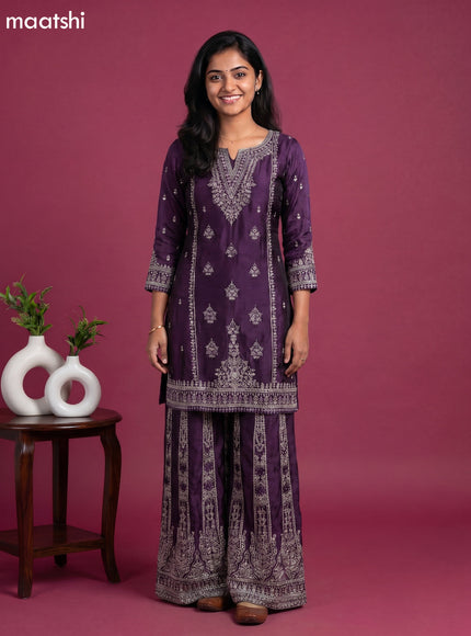 Purple Embroidery Work Party Wear Straight Suit