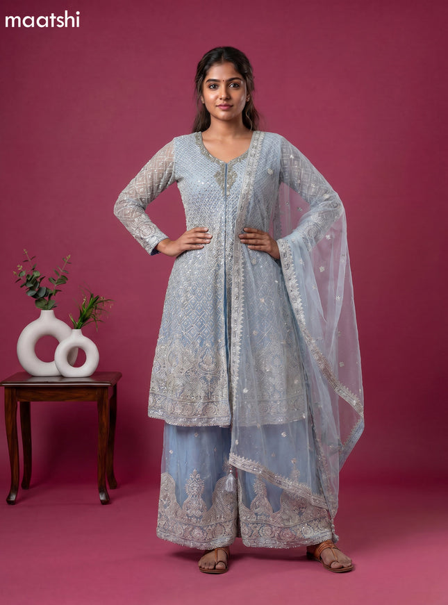 Ice Blue Embroidery Work Party Wear
