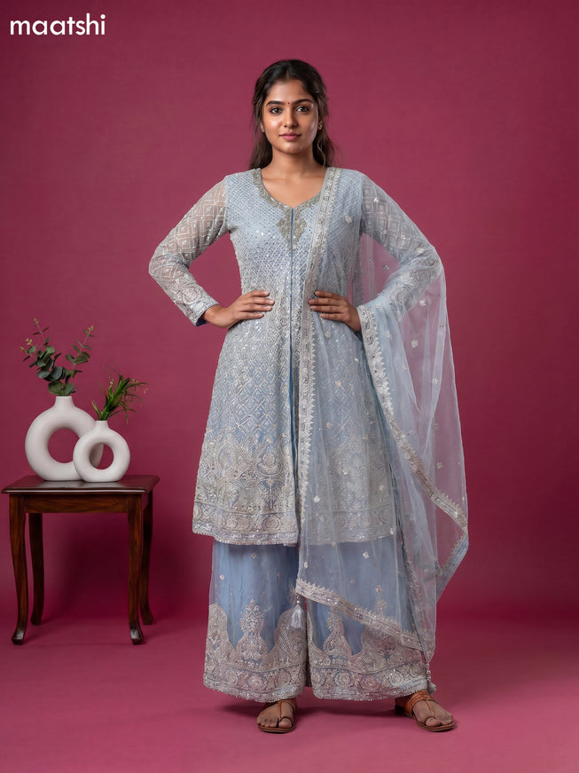 Ice Blue Embroidery Work Party Wear