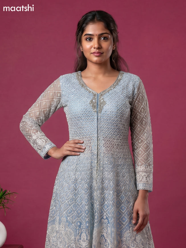 Ice Blue Embroidery Work Party Wear