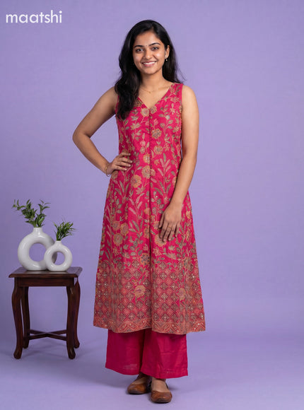 Pink Art Tussar Embroidery Work Anarkali Suit