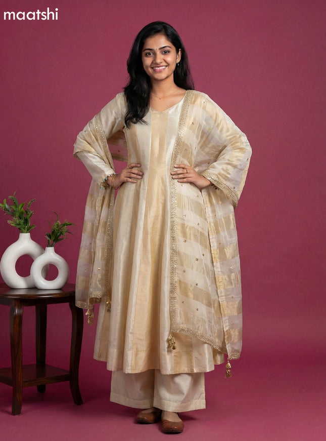 Cream and Gold Art Silk Party Wear Embroidery Work Anarkali Suit
