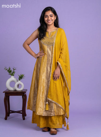 Mustard Yellow Art Tussar Allover Banarasi Style & Embroidery Work Anarkali Suit
