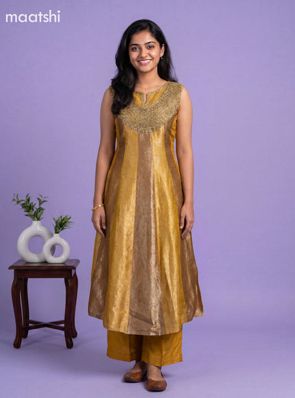 Mustard Yellow Art Tussar Allover Banarasi Style & Embroidery Work Anarkali Suit