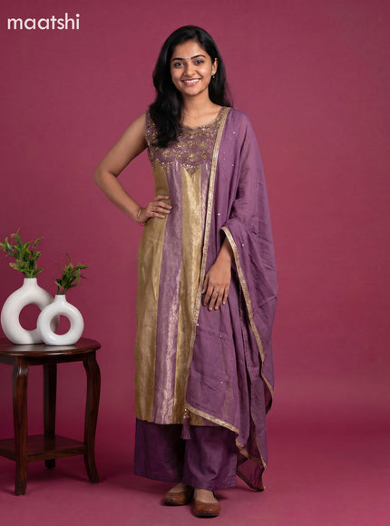 Pastel Purple and Mustard Green Art Tussar Allover Banarasi Style & Embroidery Work Anarkali Suit