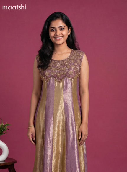 Pastel Purple and Mustard Green Art Tussar Allover Banarasi Style & Embroidery Work Anarkali Suit