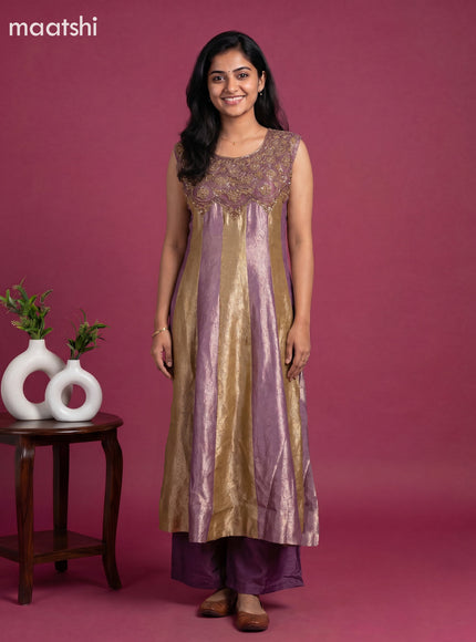 Pastel Purple and Mustard Green Art Tussar Allover Banarasi Style & Embroidery Work Anarkali Suit