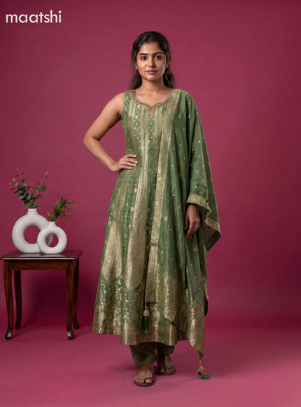 Green Art Tussar Dress With Allover Banarasi Style & Embroidery Work Anarkali Suit