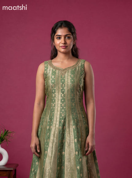 Green Art Tussar Dress With Allover Banarasi Style & Embroidery Work Anarkali Suit