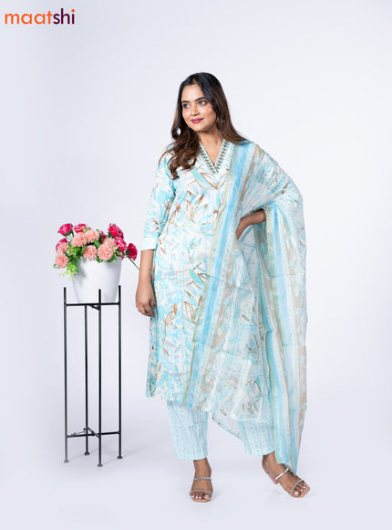 Cotton readymade salwar suit off white and light blue with allover prints & embroidery mirror work v neck pattern and straight cut pant & dupatta
