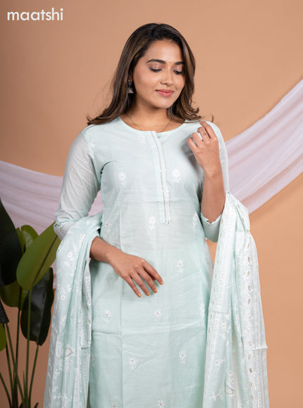 Chanderi salwar suit teal shade with embroidery buttas & sequin work neck pattern and straight cut pant & embroidery dupatta