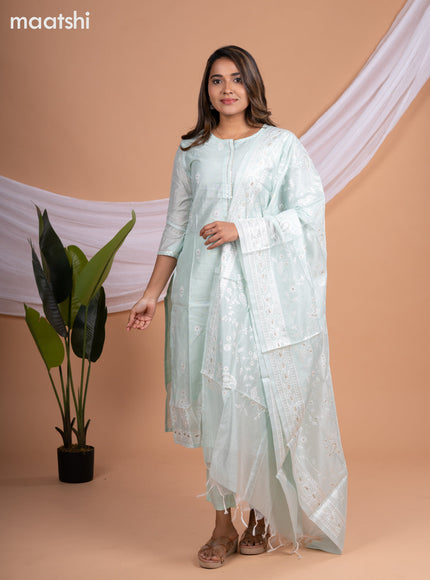 Chanderi salwar suit teal shade with embroidery buttas & sequin work neck pattern and straight cut pant & embroidery dupatta