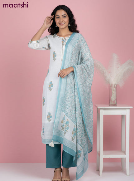 Linen salwar suit off white with butta prints & pita lace work neck pattern and straight cut pant & dupatta