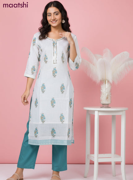 Linen salwar suit off white with butta prints & pita lace work neck pattern and straight cut pant & dupatta