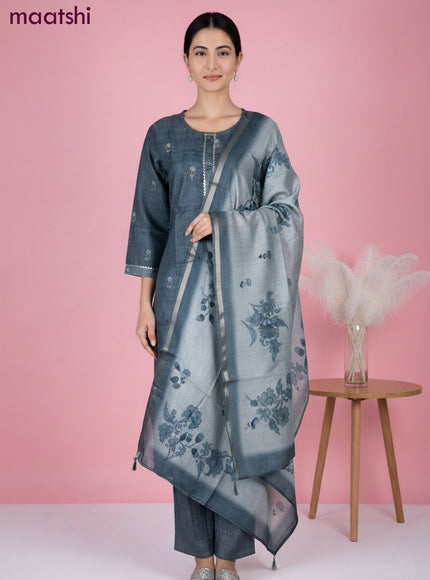 Chanderi salwar suit peacock green shade with buttas & gotapatti lace work neck pattern and straight cut pant & dupatta