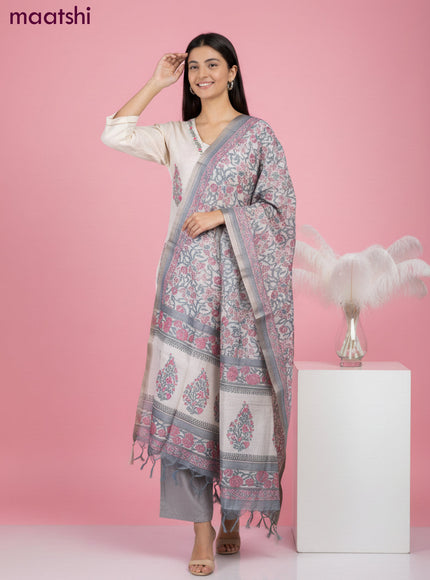 Chanderi salwar suit beige with buttas & sequin kantha stich work neck pattern and straight cut pant & dupatta