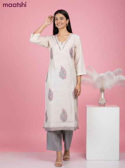 Chanderi salwar suit beige with buttas & sequin kantha stich work neck pattern and straight cut pant & dupatta