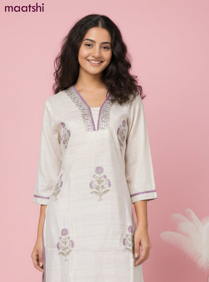 Chanderi salwar suit beige with butta prints & pita lace work neck pattern and straight cut pant & dupatta