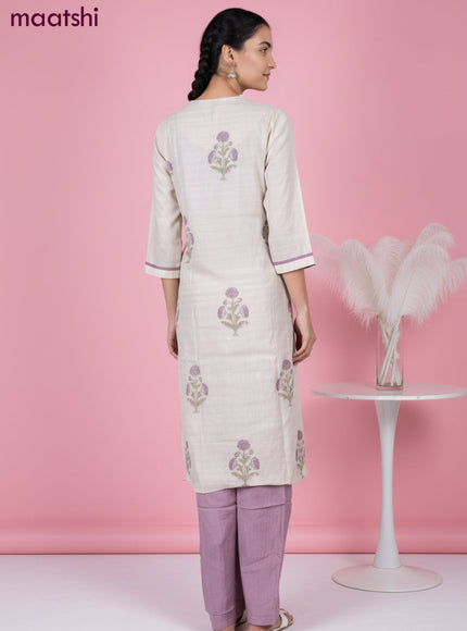 Chanderi salwar suit beige with butta prints & pita lace work neck pattern and straight cut pant & dupatta