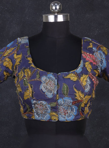 Silk penkalamkari readymade blouse greyish blue with allover kalamkari prints & pita work and back knot
