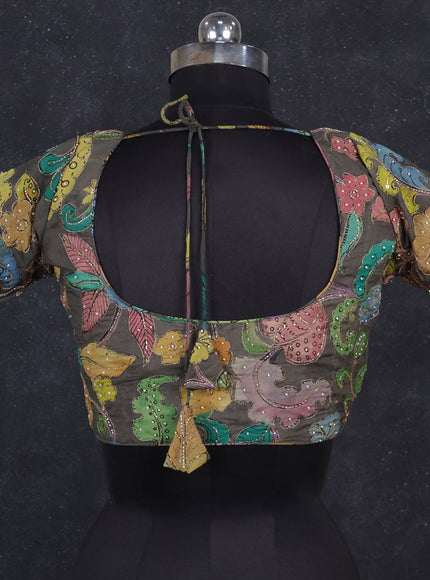 Silk penkalamkari readymade blouse grey with allover kalamkari prints & pita work and back knot