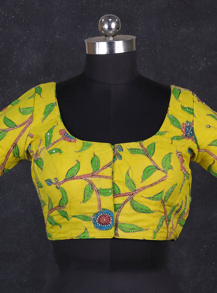 Silk penkalamkari readymade blouse lime yellow with allover kalamkari prints & pita work and back knot