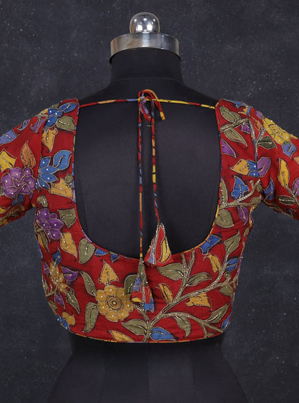 Silk penkalamkari readymade blouse maroon with allover kalamkari prints & pita work and back knot